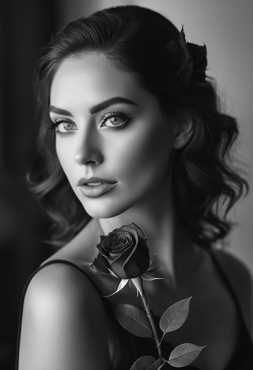 black and white, a woman with  green eyes, flawless skin, half body shot, holding a rose, whimsical photography style, captured with an Arriflex 35BL camera using Canon K25 prime lenses, cinematic, dramatic lighting, ultra clear, breathtaking surreal masterpiece.