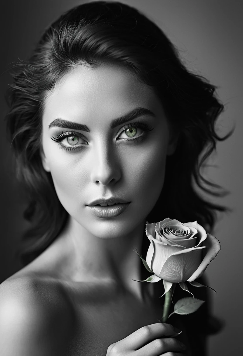 black and white, a woman with green eyes, flawless skin, half body shot, holding a rose, whimsical photography style, captured with an Arriflex 35BL camera using Canon K25 prime lenses, cinematic, dramatic lighting, ultra clear, breathtaking surreal masterpiece.