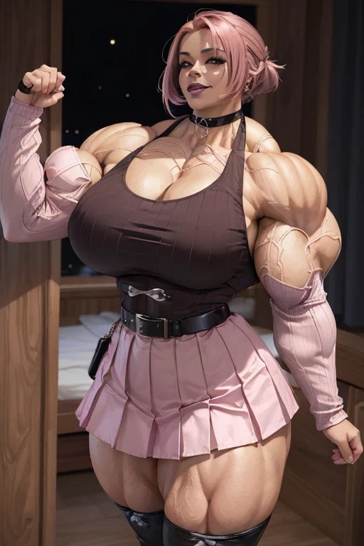 ((((Massive tall, beautiful, buff, light brown skinned muscular woman with shocking pink hair, black lipstick, ginormous bulky muscles and wearing a pink long sleeve pleated sundress)))), (close view), (massive muscles), angled bob cut, ((chained belt)), red eyes, choker, ((white long sleeve pleated sundress)), belt, thigh high socks, black boots, (at a college dorm room), closed smile, night, massive muscles