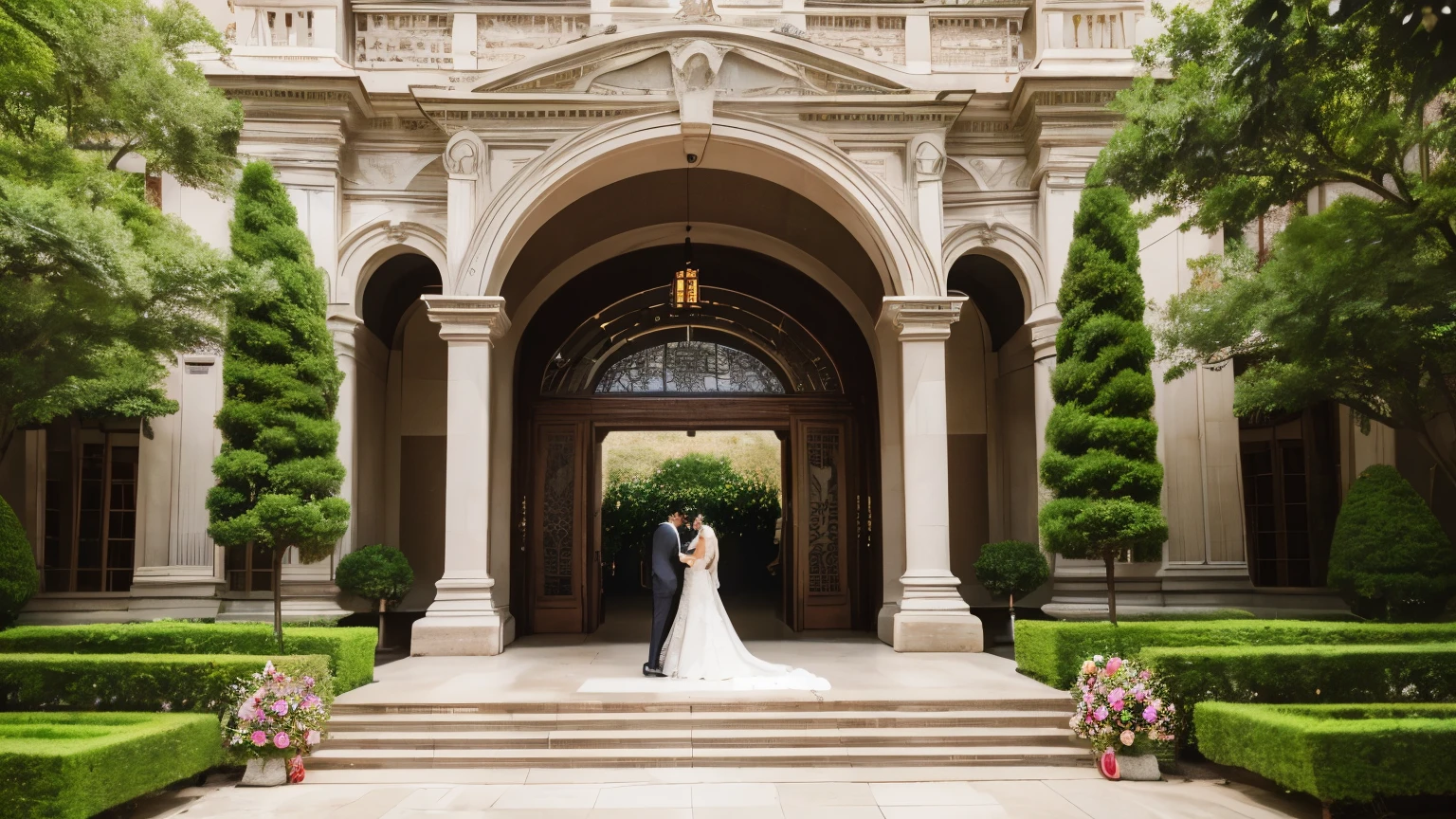 a grand entrance to an elegant wedding venue, a wide angle view of the scenic garden, a sunny morning on a holiday, a full shot of the luxurious building, friends attending a wedding ceremony, a lavish gate at the wedding venue, a city center wedding location, a garden ,chapel bell sound