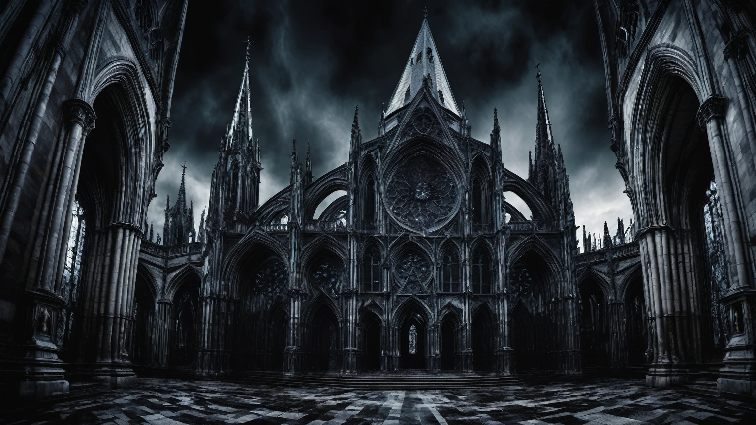 twisted And distorted dark realm of nightmares, panoramic background, horror, exterior of a dark gothic cathedral