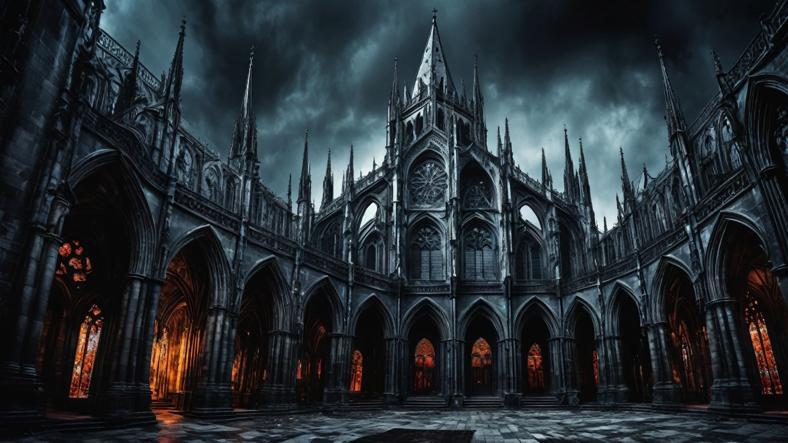 twisted And distorted dark realm of nightmares, panoramic background, horror, exterior of a dark gothic cathedral