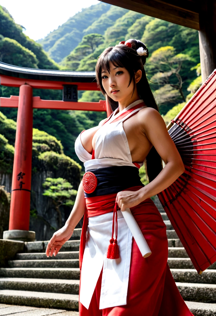 Big breasted asian woman,classic bob hair,Japanese kimono showing thighs, neckline on the chest, red lipgloss stick, holding a katana in a temple,muscled body