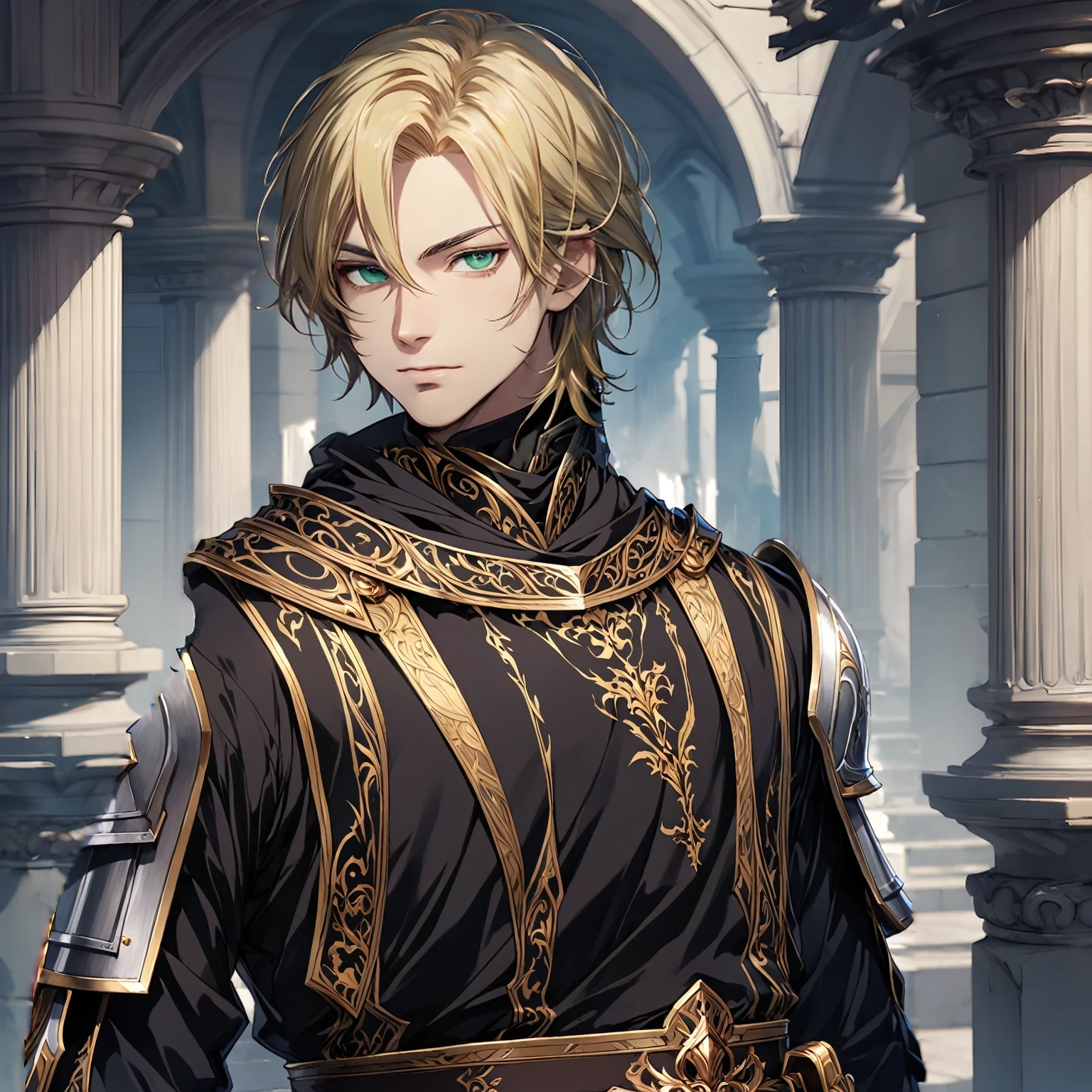 masterpiece, best quality, 1man, adult, male focus, solo, blonde hair, medium hair, vibrant black eyes, looking at viewer, closed mouth, Fantasy aesthetics, Highly detailed, shadowverse style, elite knight