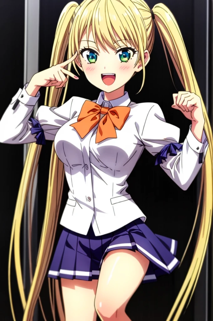 ((Highest quality)),((Very detailed)),masterpiece,Absurd,Detailed face,Beautiful Face,(Fine grain, Deep Eyes),One girl,((Dynamic pose)) ,Milica, alone, Blonde, Twin tails, Green Eyes, Open your mouth, skirt, smile, Long Hair, , chest, View your viewers, blue skirt, bow, Cute Background, orange bow, bangs, :d, Long sleeve, bowtie, orange bowtie, blush, teeth, Raise your hand, 