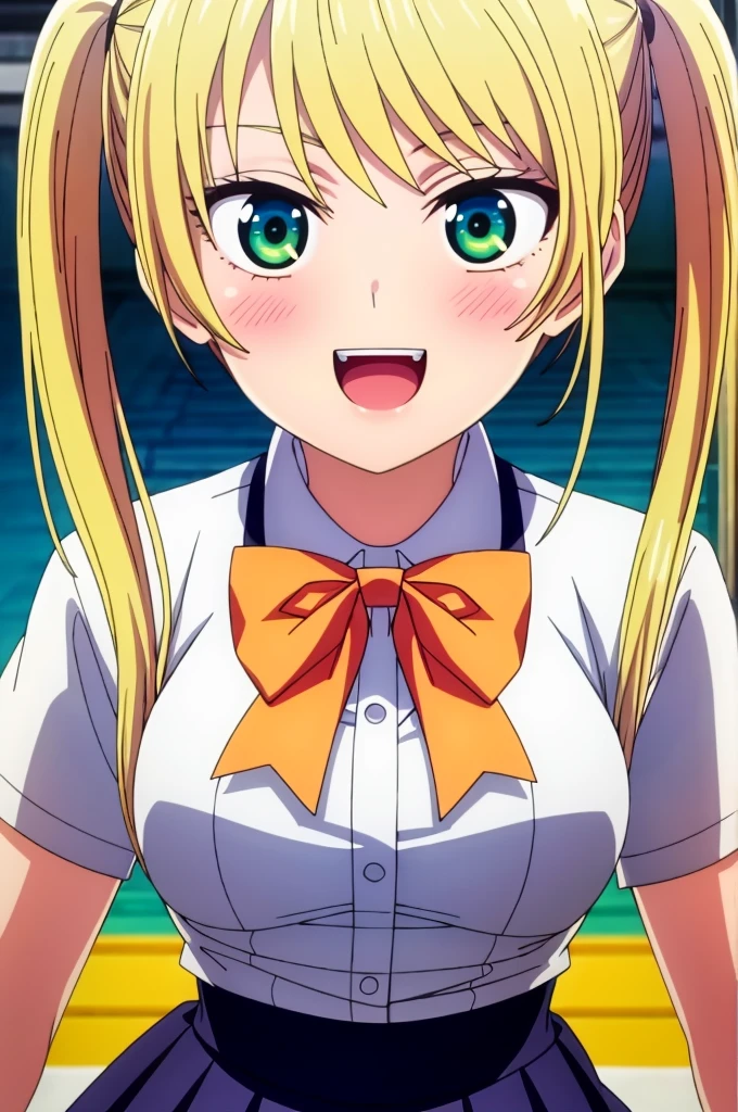 ((Highest quality)),((Very detailed)),masterpiece,Absurd,Detailed face,Beautiful Face,(Fine grain, Deep Eyes),One girl,((Dynamic pose)) ,Milica, alone, Blonde, Twin tails, Green Eyes, Open your mouth, skirt, smile, Long Hair, , chest, View your viewers, blue skirt, bow, Cute Background, orange bow, bangs, :d, Long sleeve, bowtie, orange bowtie, blush, teeth, Raise your hand, 