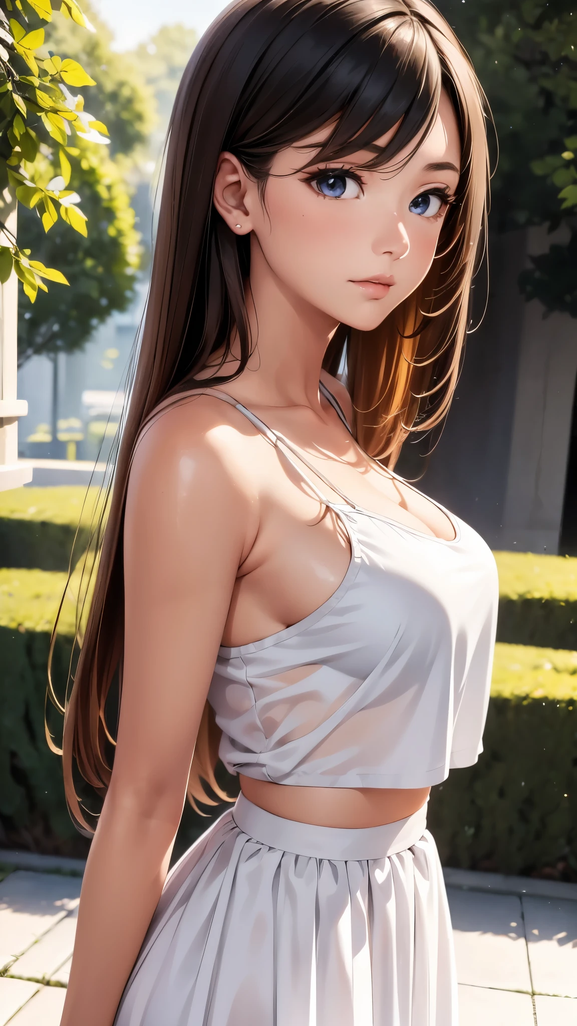 1 lady, Beautiful asian lady, Long straight hair, beautiful face, detailed face, delicate eyes, detailed pupil, beautiful and delicate lips, white camisole long skirt, Simple and stylish, hand drawn animation, high detailed, outdoor, blush, shy, heart, in love, symmetrical clothes, best quality, masterpiece, retina