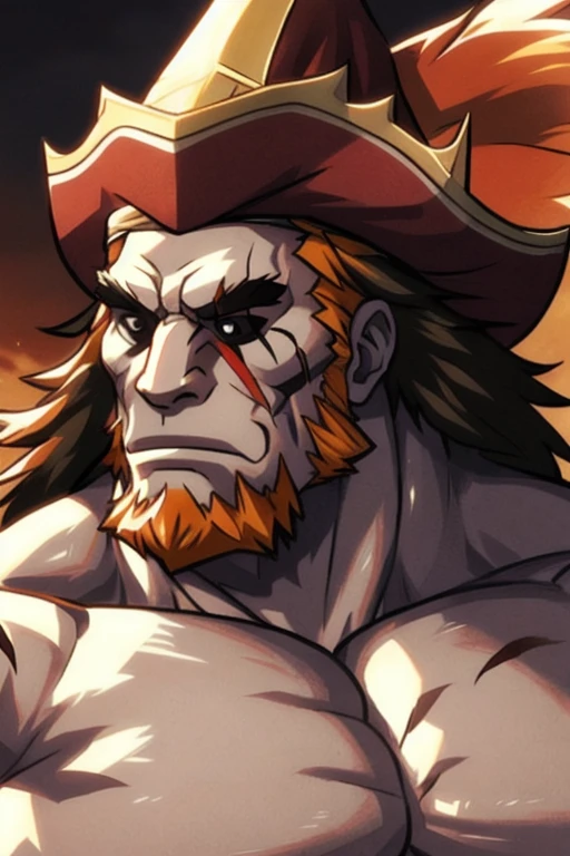 (surtr),big muscles,Huge muscles,hyper muscles,(White skin),black fur, black hair,orange beard,eye scars.,(detailed venous muscles),Best Quality,Masterpiece,4k,8k,Very detailed,detailed face,realistic proportions,sharp focus,male focus, naked, standing,(whole body:1.2),big penis, erect penis,pirate hat, whole body