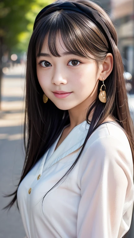 Highest quality, masterpiece, Ultra-high resolution, (Realistic:1.4), Raw photo, One girl, 23 years old, The most famous Japanese idols, Midnight Street, Wearing only Japanese high school uniforms, An innocent smile, Very cute face like the most popular Japanese idol, (((Very beautiful big black eyes))), Very beautiful short black hair, Very beautiful long eyelashes, Very beautiful lips, Very beautiful skin、Droopy eyes、Small Breasts Headband、Earrings、Show your forehead、freckles