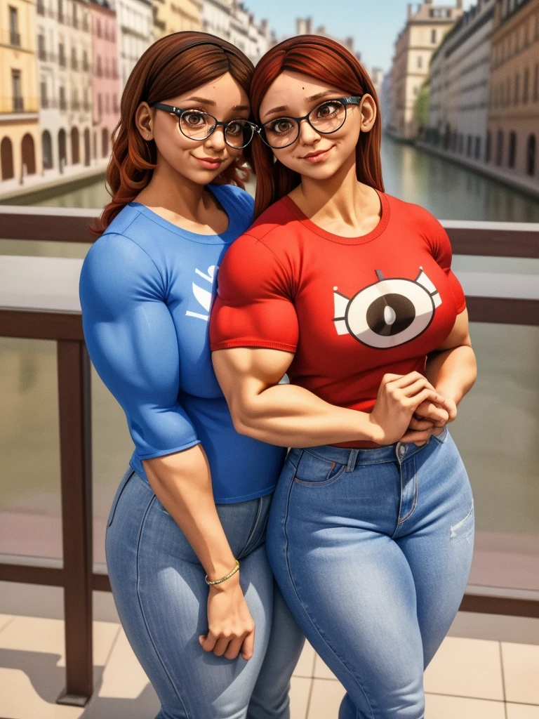 (masterpiece, best quality:1.2), A couple , boy Nino Lahiffe: Brown skin, dark hair, usually seen wearing a red cap, glasses, and casual clothing like a T-shirt and jeans, and a girl Alya Césaire: Brown skin, curly dark brown hair, often wears glasses, and typically seen in stylish, casual outfits. A casual day out with both characters in their everyday attire,Sharing a tender moment, like sitting on a rooftop overlooking Paris..(girl and boy:1), smiling, ((high resolution illustration)), ((extremely detailed)), (couple), Alya, Nino, Nino X Alya, (best quality,4k,8k,highres,masterpiece:1.2), ultra-detailed, realistic:1.37, HDR, studio lighting, extreme detail description, nino wearing a red cap, professional, vibrant colors, bokeh, ((muscular female bodybuilder)), detailed lips, strong embrace, romantic scene, intimate moment, intense passion, athletic bodies, fitness couple, gym background, muscular definition, sculpted muscles, sweat glistening,muscular.