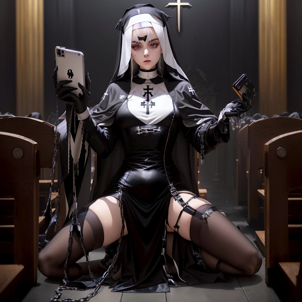 araffe dressed in black sitting on a pew with a cell phone, commission for high res, helltaker, mistress, billie eilish as a nun, dominatrix, nun outfit, commission for, vampire nun, digital art from danganronpa, billie eilish as a sad nun, biblical female android, nun fashion model, an evil nun, holy inquisition