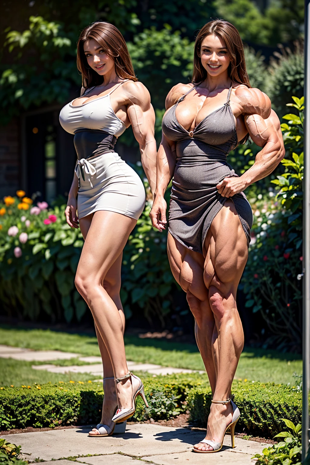 (Muscular:1.7), (large round breasts:1.4), (large muscular chest and shoulders:1.1), FEMALE, brown hair, long brown hair, (big smile:1.3), (wearing a cute sundress and high heels:1.5), looking at viewer, (three quarter view:1.2), upper body view, (garden:1.5), dark lighting, detailed skin, detailed eyes, (clean skin:1.5), (very thin waist:1.3), (huge body muscles:1.7), (one protagonist:1.5),