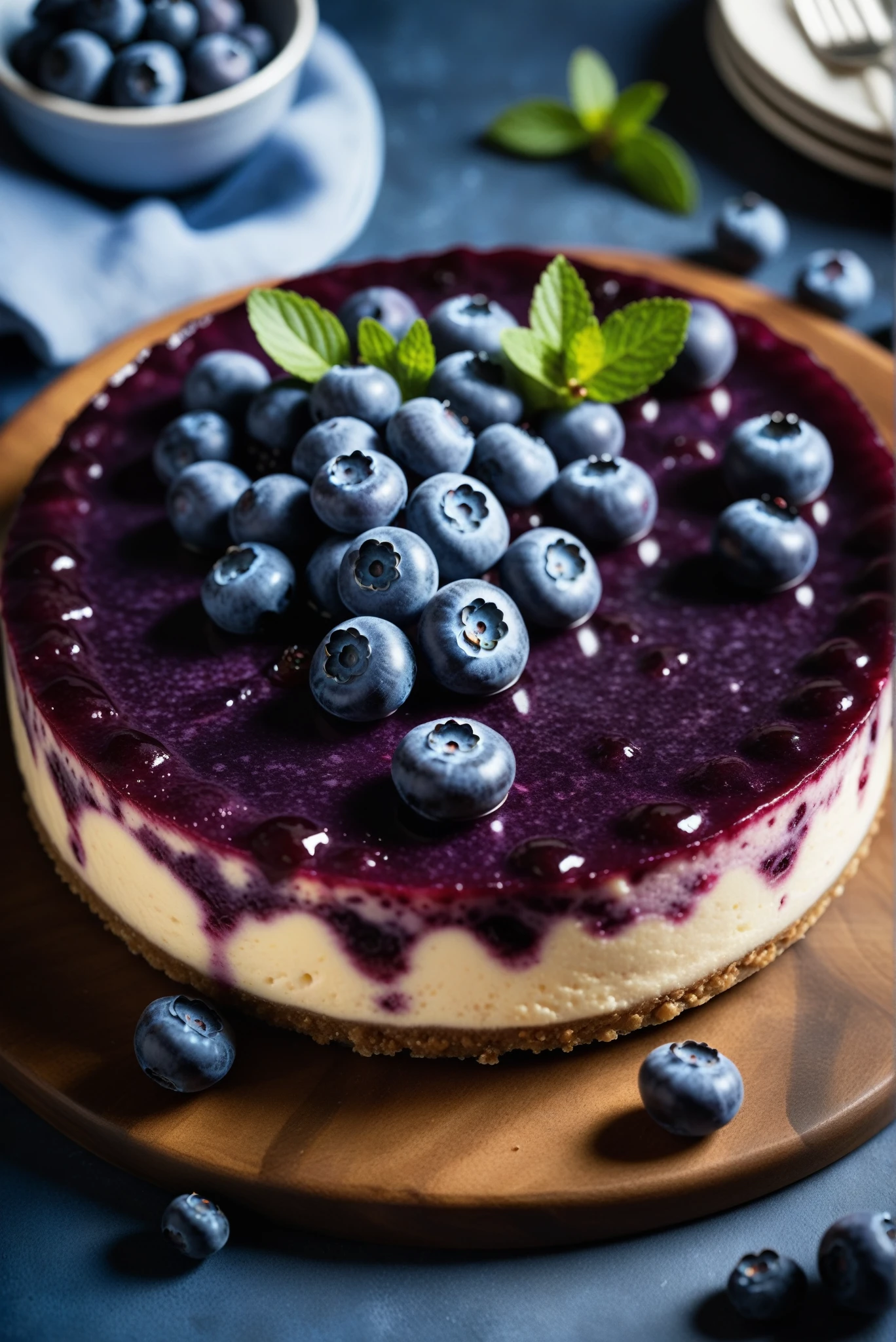 Documentary RAW Photography,a Blueberry Cheesecake, highlighting its exquisite, lacy texture and impeccable balance. The composition should evoke an irresistible urge to taste, with every detail crafted to inspire both amateur and seasoned cooks, (sharpness in detail:1.1), masterpiece, 35mm photograph, (iconic photograph:1.4), (visual storytelling:1.2), film grain, award winning photography,vibrant use of light and shadow, high quality textures of materials, volumetric textures perfect composition, dynamic play of light, rich colors, epic shot, perfectly quality, natural textures,high detail, photoshadow, (natural colors, correct white balance, color correction, dehaze),(intricate detailed), 8k