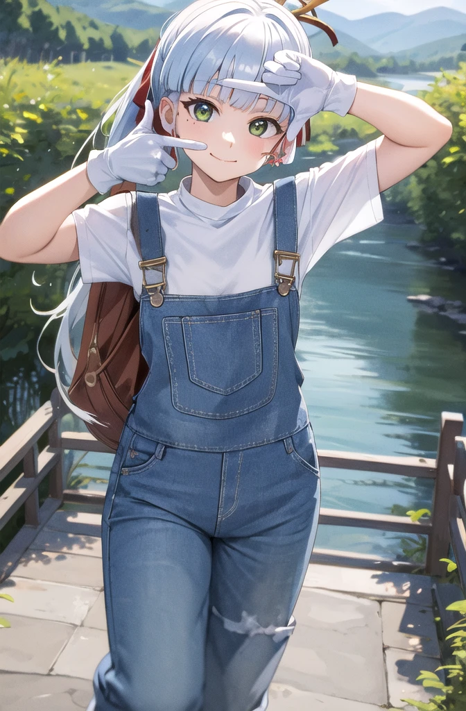 (masterpiece, best quality, detailed), 1girl, solo, (kamisato_ayaka), blunt bangs, long hair, ribbon, hair ornament, sidelocks, hair ribbon, ponytail, mole under eye, white hair, looking at viewer,
overalls trousers, short sleeves, white gloves, green shirt, outdoors, house, rural, village, scenery, path, river, bridge, smile, closed mouth,  finger frame