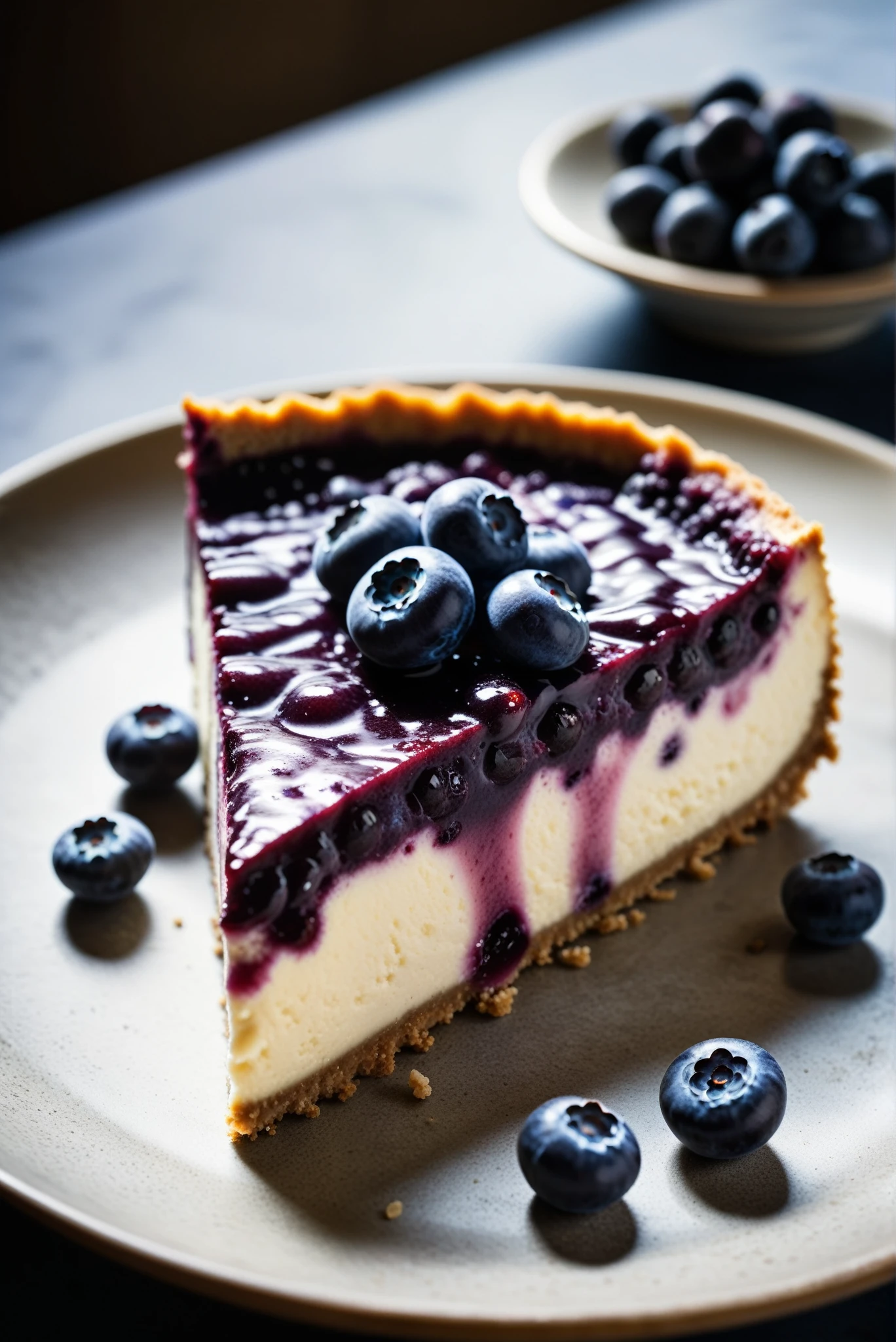 Documentary RAW Photography,a Blueberry Cheesecake, highlighting its exquisite, lacy texture and impeccable balance. The composition should evoke an irresistible urge to taste, with every detail crafted to inspire both amateur and seasoned cooks, (sharpness in detail:1.1), masterpiece, 35mm photograph, (iconic photograph:1.4), (visual storytelling:1.2), film grain, award winning photography,vibrant use of light and shadow, high quality textures of materials, volumetric textures  perfect composition, dynamic play of light, rich colors, epic shot, perfectly quality, natural textures,high detail, photoshadow, (natural colors, correct white balance, color correction, dehaze),(intricate detailed), 8k