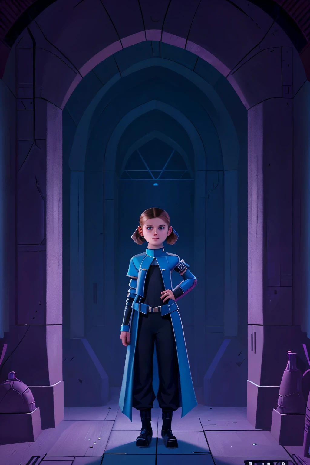 Futuristic Republic, 2123. A young ((((17-year-old)) Vis)), girl, in an empty dungeon, ((((clothings from the 2120s)))), ((hairstyle of the 2120s))