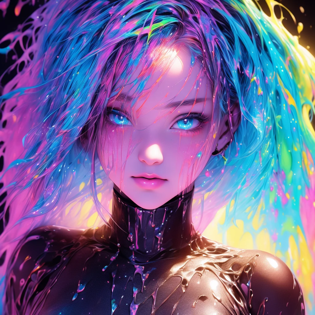 (splashing ink)，Colorful glitter colors，lamp，rainbow，cyber punk，girl，Looking at the camera，Gooey Girl，loose tank top，Against the wall，Big round eyes，cute，