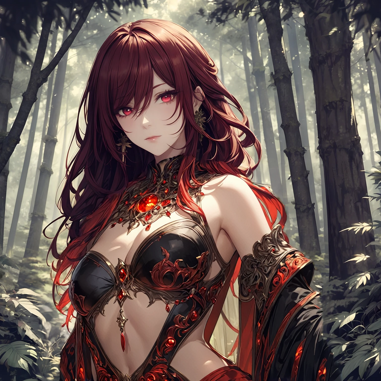 masterpiece, best quality, 1woman, adult, female focus, solo, red hair, vibrant red eyes, looking at viewer, closed mouth, Fantasy aesthetics, Highly detailed, shadowverse style, sorcerer