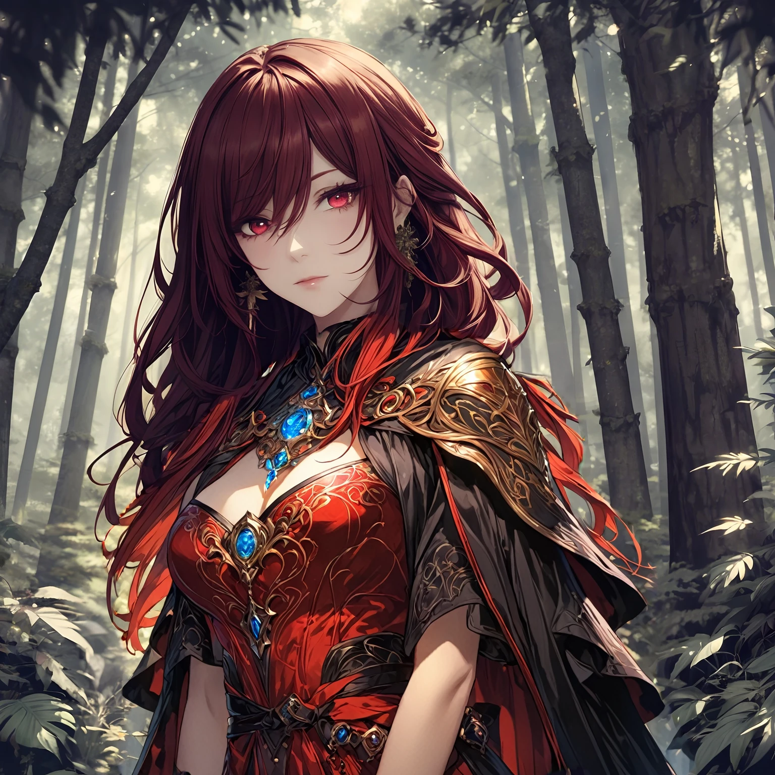 masterpiece, best quality, 1woman, adult, female focus, solo, red hair, vibrant red eyes, looking at viewer, closed mouth, Fantasy aesthetics, Highly detailed, shadowverse style, sorcerer