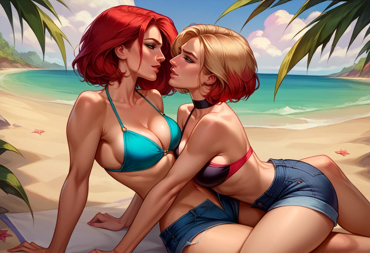 score_9, score_8_up, score_8_up, source_cartoon, 2girls, (short hair Gwen Stacy:1.0), (MJ Watson, long flowing hair, red hair:1.0), girlfriends, lovers, yuri, cleavage, bikini top, shorts, sexy thicc thighs, beach, outdoors, straddling, imminent kiss.