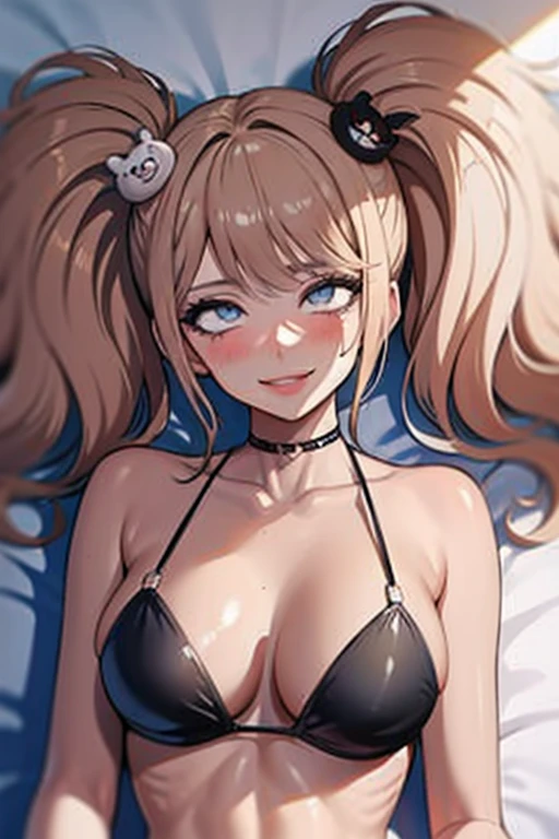 hot seductive mature woman, junko enoshima, slight tan, curvy body, smooth skin, fluffy pigtails, choker, completely black bikini, blushing a lot on cheeks and nose, lying in bed, messy hair, sharp blue eyes, beautiful face, safe for work, smooth skin, face closeup, view from above