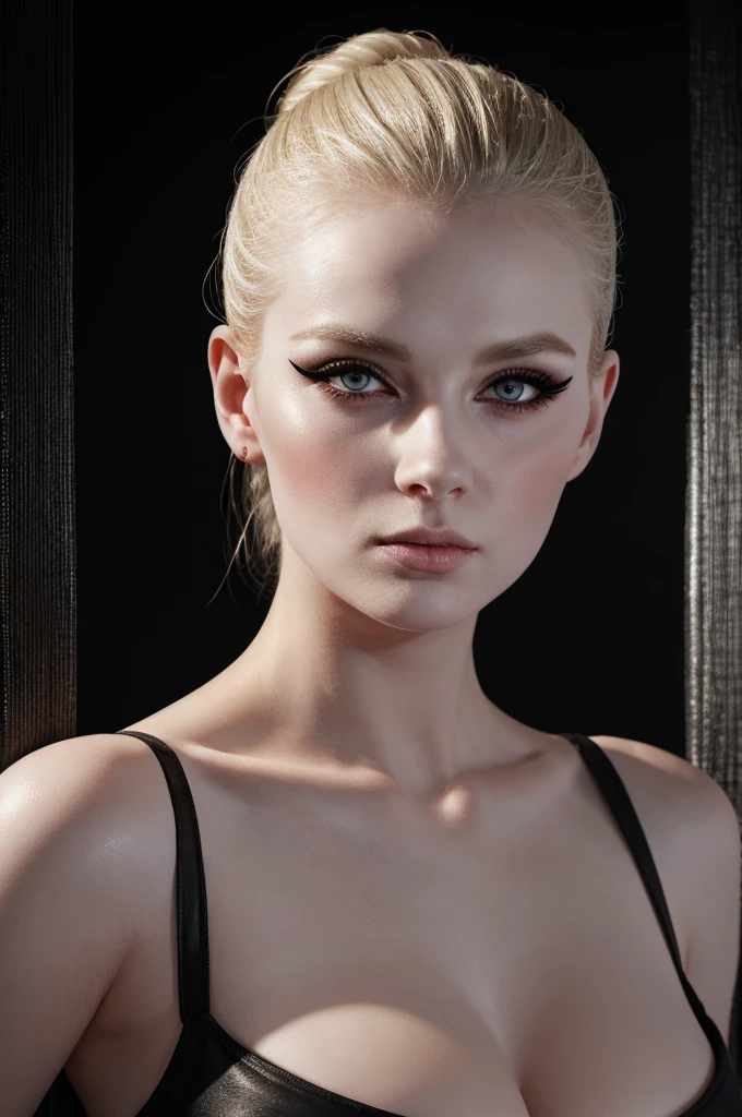 woman pretty, blonde, slicked back bun hair, blonde hair , big breast,  sexy, pale skin , eyeliner ,white skin,foxy eyeliner , makeup ,pale woman painting, beautiful light deep focus, elegant, digital painting, smooth, dramatic lighting , 8k, art , black background,black background, black wallpaper