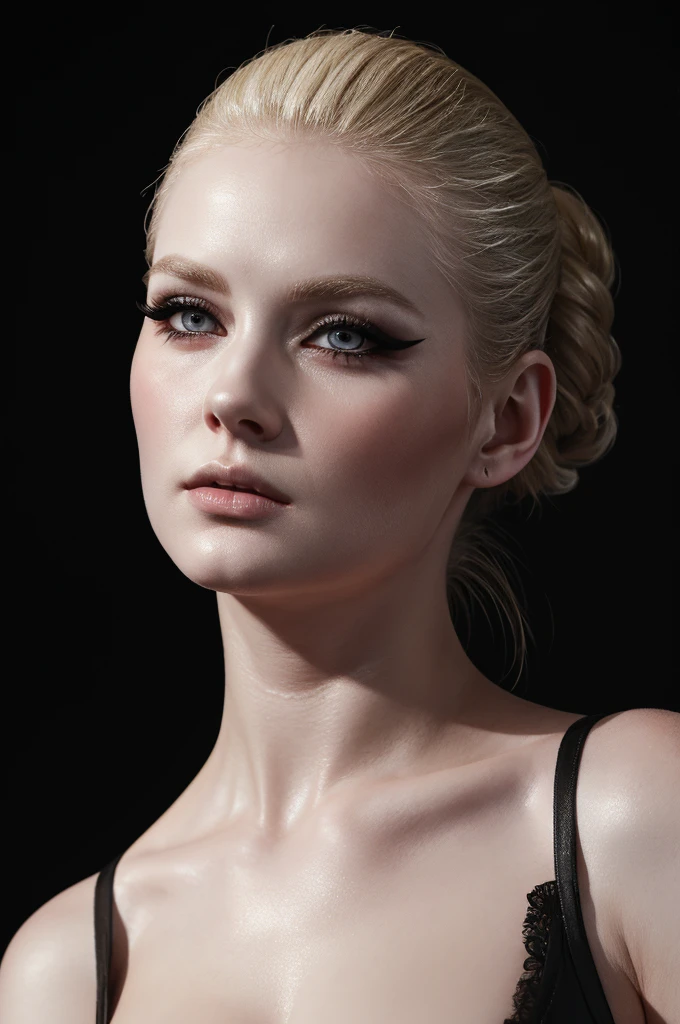 woman pretty, blonde, slicked back bun hair, blonde hair , big breast,  sexy, pale skin , eyeliner ,white skin,foxy eyeliner , makeup ,pale woman painting, beautiful light deep focus, elegant, digital painting, smooth, dramatic lighting , 8k, art , black background,black background, black wallpaper