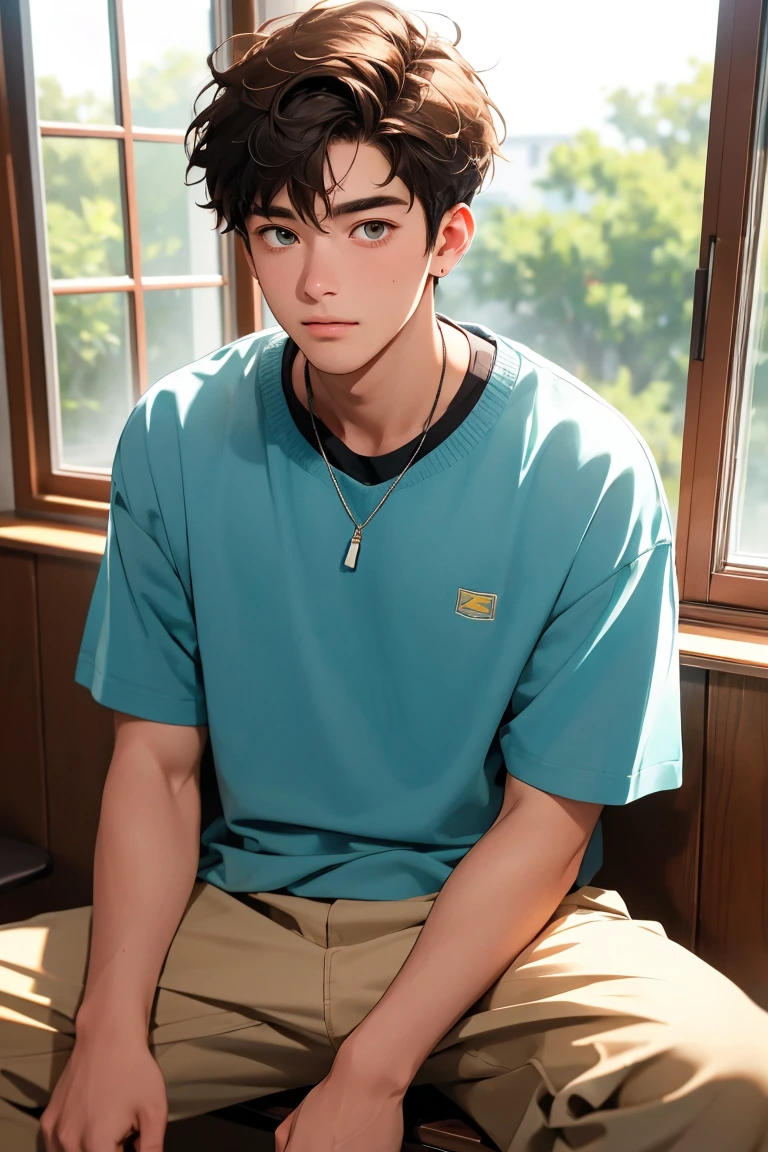 (Highest quality,Super detailed,High resolution,masterpiece:1.2),Male college student in his 20s、Window、Sitting down、Anxious expression