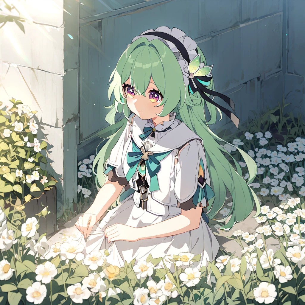 firefly \(honkai: star rail\),flower, skirt, Solitary, have, white skirt, long hair, flower束, white flower, Keep, outdoor, site, White headdress, flower site, Keep flower束, Skirt fixing, permanent, sun have, Ribbon, Keep flower, havesune miku, bow, Light green hair,Light,sunLight,