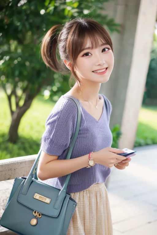 best quality ,masterpiece, 1 girl, ponytail, uppper body, view straight on, smile, standing, chibi,camisole,hold money in one's hand