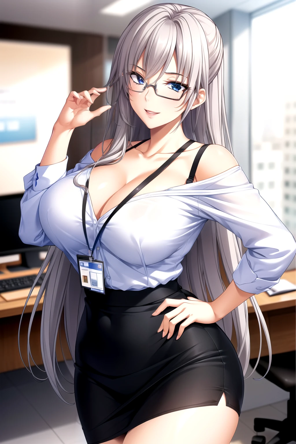 露little bra, 露little underwear,Perfect hands, Clear your fingers, Perfect fingers,full hand slim figure,wear glasses, office lady,office worker,Pencil Skirt,office worker装, (ID card) Lanyard,露little bra, 露little underwear, show cleavage, Office Background, 1 girl,20 years old, Young women,Fair Finger,Fair long legs,Fair Body,Fair Nose,Fair character design, Perfect eyes, perfect Face,Expressive eyes, Looking at the audience,(lead_Body),(Focus on her Face), Official Art,Extremely detailed CG unity 8k wallpaper, Perfect Lighting,rich and Farbeful, bright_front_Face_Light,Light skin, (masterpiece:1.0),(最OK_quality:1.0), Ultra-high resolution,4K,Very detailed, photography, 8K, Human Development Report, high resolution, absurdes:1.2, Kodak Portrait 400, Film Grain, Blurred background, bokeh:1.2, Lens Light Halo, (Energetic_Farbe:1.2) (Fair,Target_Chest:1.3), (Fair_Face:1.5),(narrow_waist),Happy，Smile, Off-shoulder,clavicle,Perfect hands, Clear your fingers, Perfect fingers,full hand,wear glasses, office lady,office worker,Office Background,Pencil Skirt,office worker装, (ID card) Lanyard,露little bra, 露little underwear, show cleavage