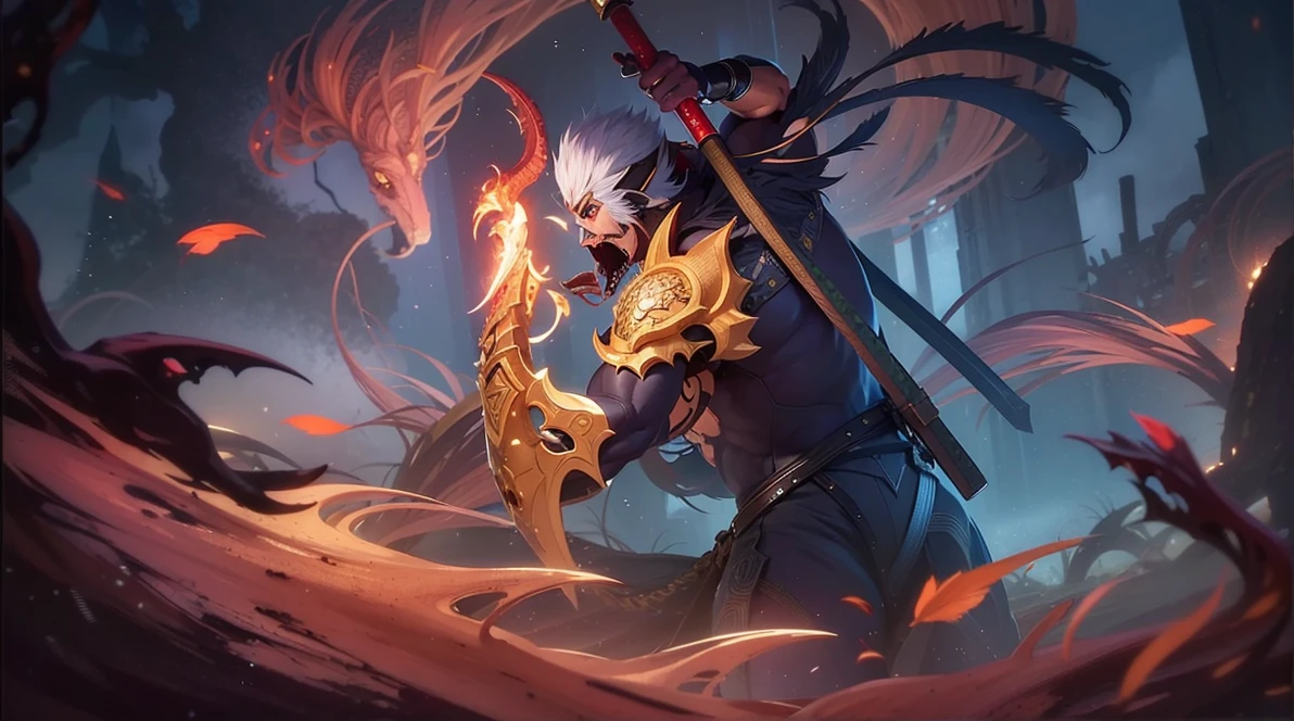 a close up of a person with a handsome face and a sword, Masterpiece, ultra HD, detailed all picture, a close up of a Ninja Exorcist, Hayabusa from mobile legend, evil, extremely detailed artgerm, mobile legends character, inspired by Hayabusa, Six pack chest and abs,sword above the chest, light red eyes, glare.