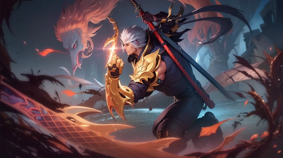 a close up of a person with a handsome face and a sword, Masterpiece, ultra HD, detailed all picture, a close up of a Ninja Exorcist, Hayabusa from mobile legend, evil, extremely detailed artgerm, mobile legends character, inspired by Hayabusa, Six pack chest and abs,sword above the chest, light red eyes, glare.