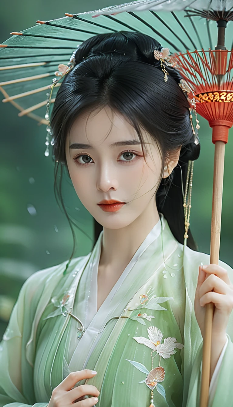 Masterpiece,8k,a Chinese style girl,oil-paper umbrella,hanfu,rain,light jade,ethereal Youhong,elegant,detailed design,chinese clothes,rain,light green tone,Textured skin,skin granules,