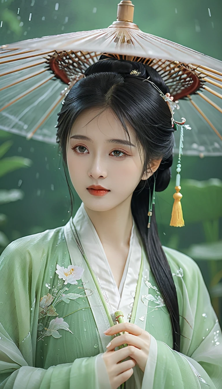 Masterpiece,8k,a Chinese style girl,oil-paper umbrella,hanfu,rain,light jade,ethereal Youhong,elegant,detailed design,chinese clothes,rain,light green tone,Textured skin,skin granules,