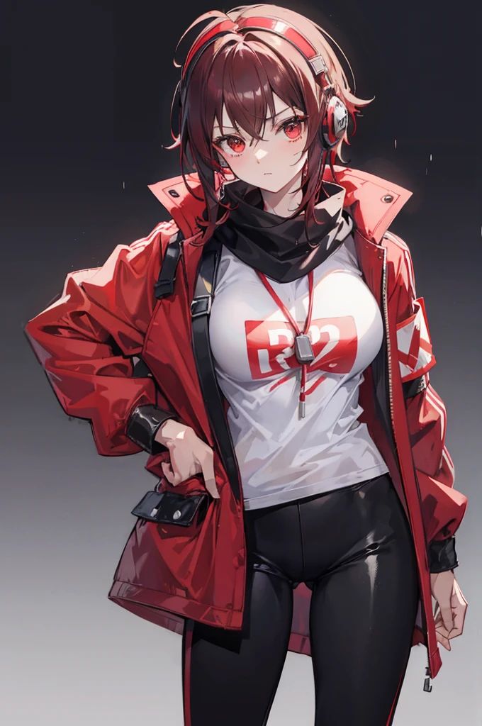 tall cute woman, large breasts, wearing an opened red jacket with a white t-shirt underneath and black pants, She has short dark red hair and wears a striped red and black scarf, also wearing red headphones and a utility belt slinged across her shoulder she is also wearing ski goggles on her head. She has a cold stern look on her face and her arms behind her back. Rainy dark background,