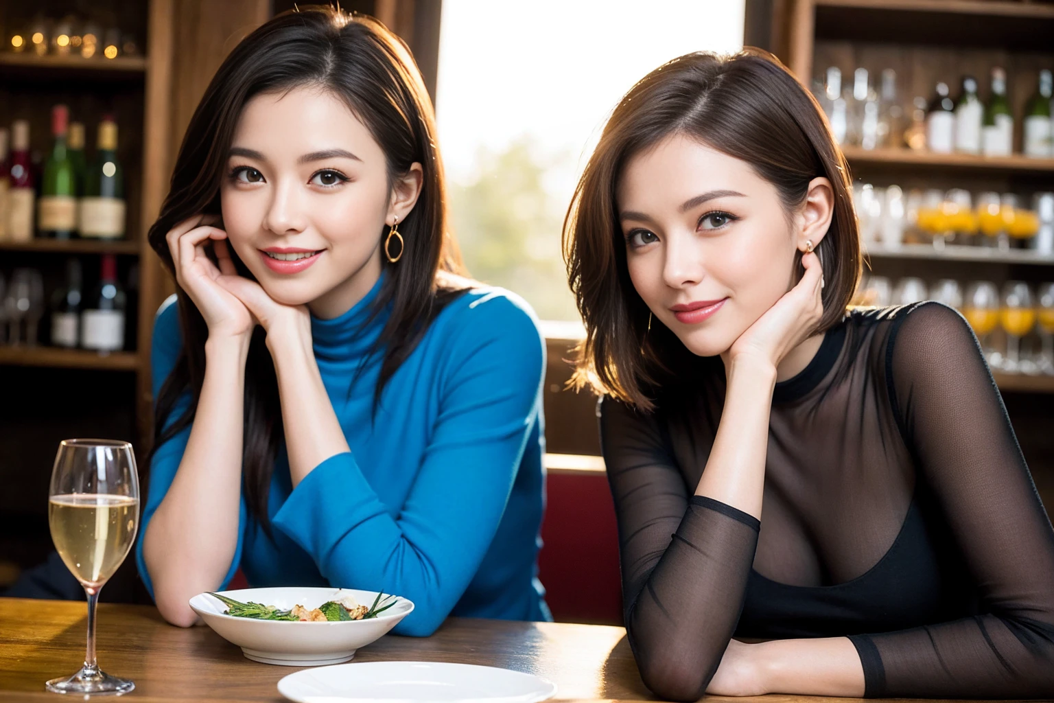 ((Highest quality、8K、masterpiece:1.3))、slimカップル、modelカップル、(Realistic, Intricate details:1.2), full-course dinner、Wine Party、Amazing view of the sunset sky and clouds、A bright smile、The wonderfulness of smile、Bright image、The beauty of wine, Beautiful Face, blue eyes, The light shines on your face, Blushing, short hair,Bright Face、 (Age 37), 39 years old, red wine 、Appetizers、Italian food、Wine bottle、Champagne、sparkling wine、Two beauties、Brown Hair、Shortcuts、Long sleeve shirt、dress、Beautiful woman 1, (slimな顔), (The body is slim), (Brown Hair), (Shortcuts), cheeks turn a little red,Attractive beauty、restaurant, In a prominent place (From the waist up) Nova Frog Style, actress, model, Upper Body, White wine, slim, wine glass, 中央に置かれたwine glass, smile, (smile: 1.15), Beautiful fine grain, Depth f/2,saturation, High Contrast, Strong light and shadow,Moist Body:1.5、3D texture、Delicate eyes、Brown Hair、The hair is very shiny、