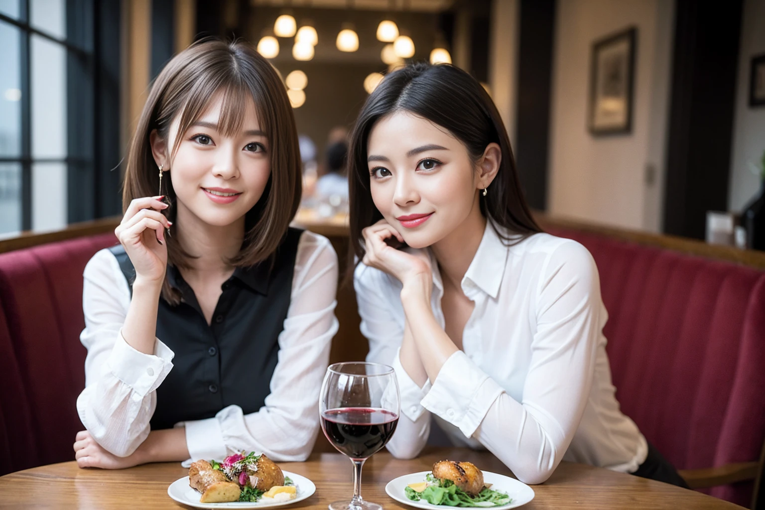 ((Highest quality、8K、masterpiece:1.3))、slimカップル、modelカップル、(Realistic, Intricate details:1.2), full-course dinner、Wine Party、Amazing view of the sunset sky and clouds、A bright smile、The wonderfulness of smile、Bright image、The beauty of wine, Beautiful Face, blue eyes, The light shines on your face, Blushing, short hair,Bright Face、 (Age 37), 39 years old, red wine 、Appetizers、Italian food、Wine bottle、Champagne、sparkling wine、Two beauties、Brown Hair、Shortcuts、Long sleeve shirt、dress、Beautiful woman 1, (slimな顔), (The body is slim), (Brown Hair), (Shortcuts), cheeks turn a little red,Attractive beauty、restaurant, In a prominent place (From the waist up) Nova Frog Style, actress, model, Upper Body, White wine, slim, wine glass, 中央に置かれたwine glass, smile, (smile: 1.15), Beautiful fine grain, Depth f/2,saturation, High Contrast, Strong light and shadow,Moist Body:1.5、3D texture、Delicate eyes、Brown Hair、The hair is very shiny、