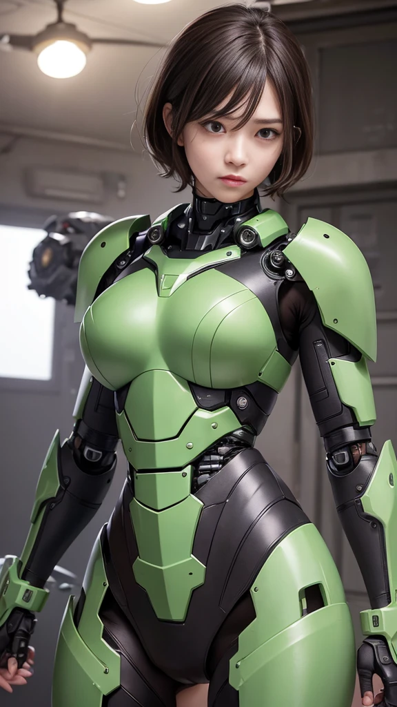 aile_megamanzx, kneeling with one hand on the ground and the other arm raised, 1girl, solo, short hair, brown hair, short sleeves, (bodysuit), robot ears, green eyes, (very_short_shorts:1.3), short sleeves, short over long sleeves, smile, in futuristic city, , high quality, medium_breasts,crotch, slouch,groin,dynamic_angle