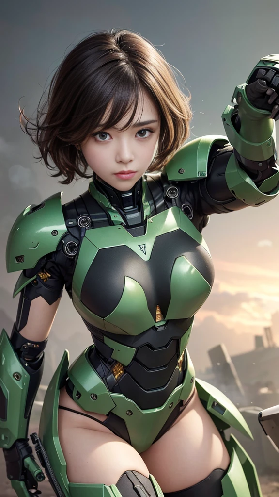 Rough skin, Very detailed, Advanced Details, high quality, 最high quality, High resolution, 1080P, hard disk, beautiful,(War Machine),beautifulサイボーグのwoman性,Dark Green Mecha Cyborg Girl,In combat,メカボディ少woman,、woman short hair Messy Hair、Sweaty brown eyes、 True Face Brown Hair ((Steam coming out of my head)) I'looking forward to it bare hands