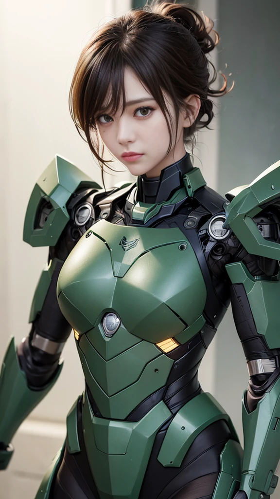 Rough skin, Very detailed, Advanced Details, high quality, 最high quality, High resolution, 1080P, hard disk, beautiful,(War Machine),beautifulサイボーグのwoman性,Dark Green Mecha Cyborg Girl,In combat,メカボディ少woman,、woman short hair Messy Hair、Sweaty brown eyes、 True Face Brown Hair ((Steam coming out of my head)) I'looking forward to it bare hands