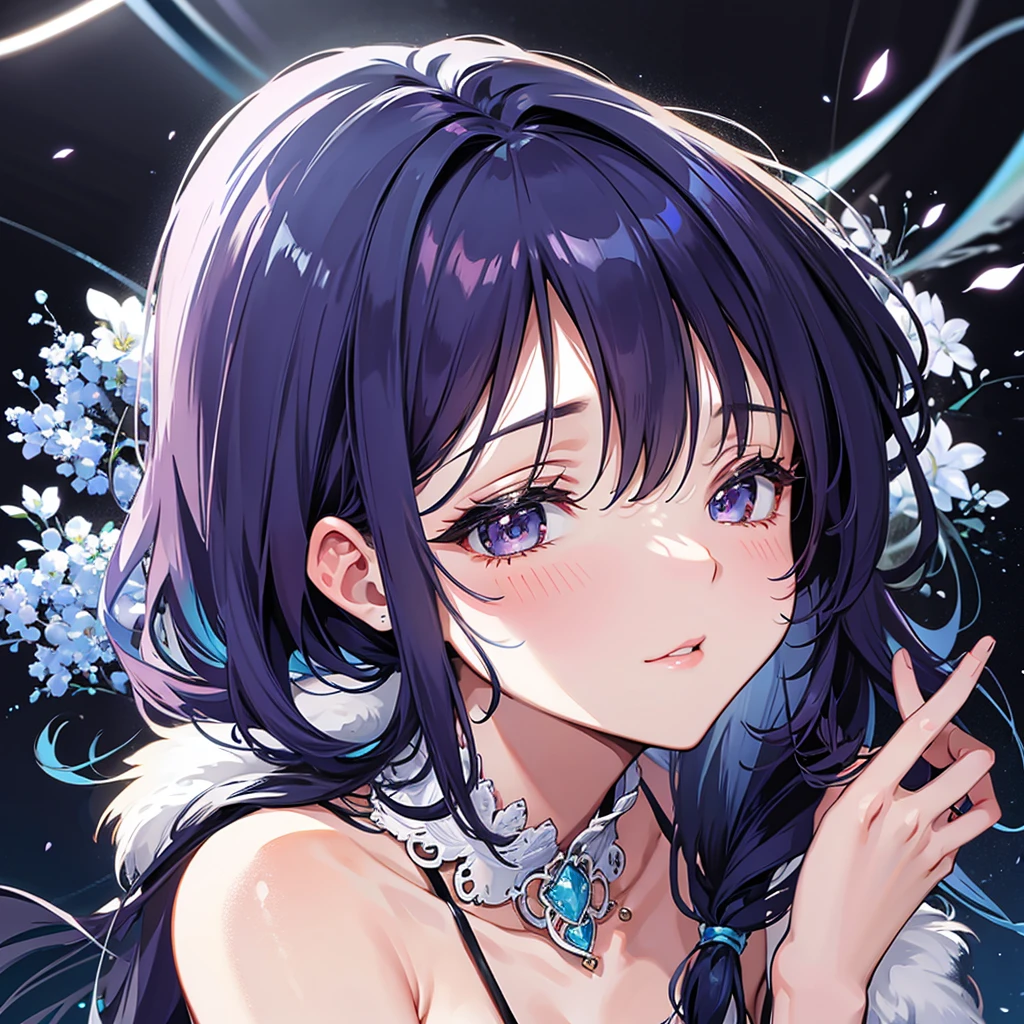 hiquality, Detailed depiction, Beautuful Women, Glowing eyes, False lashes, (accurate fingers, 1 thumb and 4 fingers), poneyTail, Sheer white mini dress, Floral embroidery, Lustrous skin, Moisturized lips,