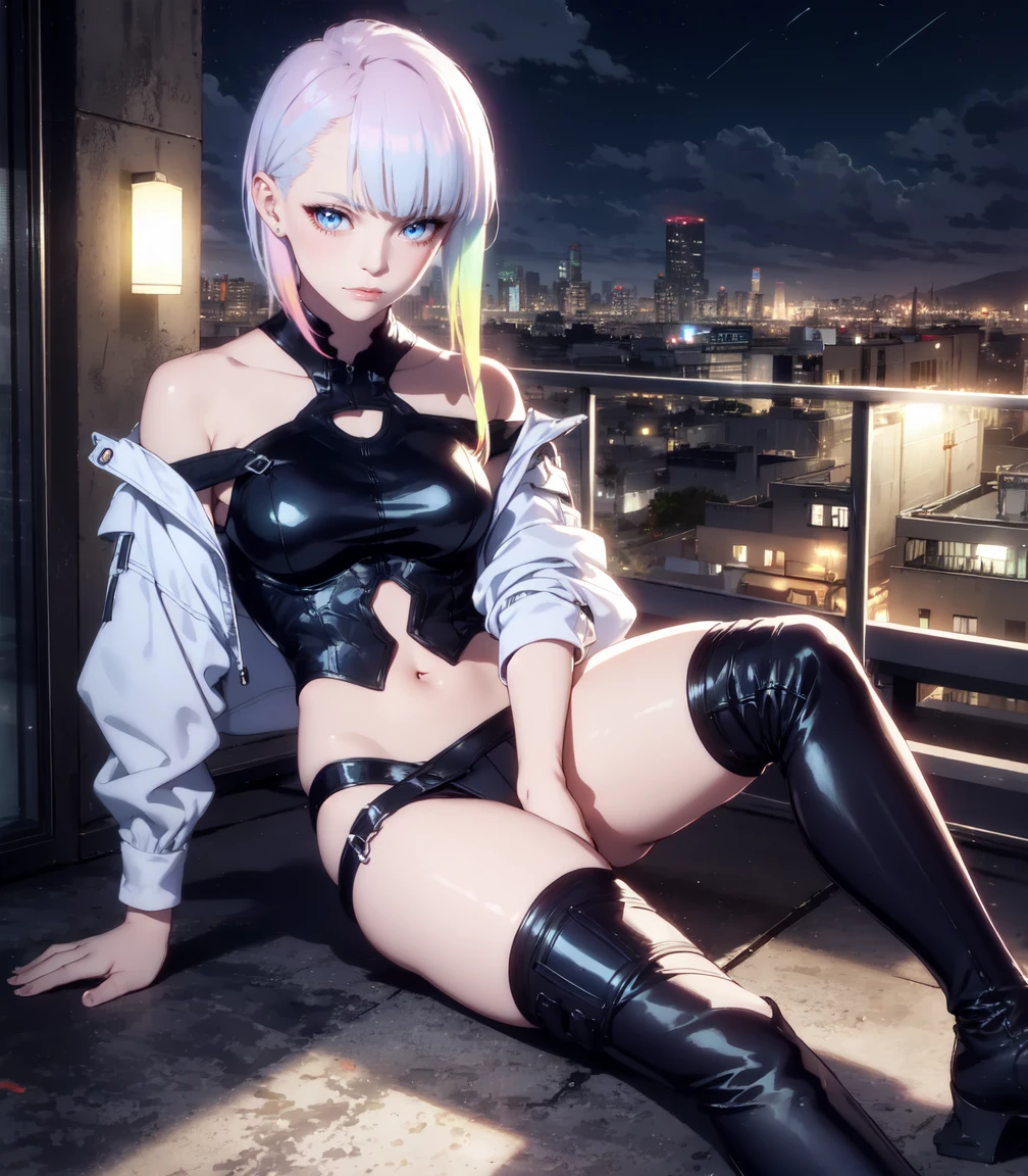 Masterpiece, best quality, 16k resolution, NVIDIA RTX Ray Tracing technology, Create a 4K resolution, ultra-realistic, and extremely detailed artwork, award winning, retina, soft light, sharp focus.(hyper-realistic:1.4), (full body:1.5), (Night, night time:1.4), from above
cyberpunklucy, lucy, short hair, bangs, blue eyes, blue hair, multicolored hair, makeup, (multicolored eyes:1.3), smile, model pose, modeling, squating
BREAK bare hips, bodysuit, leotard, monowire, off shoulder, off-shoulder open clothes, MIDRIFF
BREAK outdoors, city, moon, night, sky, clouds,
sexy, Sexy, smooth perfect skin, smooth_skin
Beautiful、(red blush)、Sexy
FULL BODY SHOT, ultra wide angle, textured skin, face detail, clean skin, perfect hands, perfect anatomy, anatomically correct,
(Realistic park:1.3)