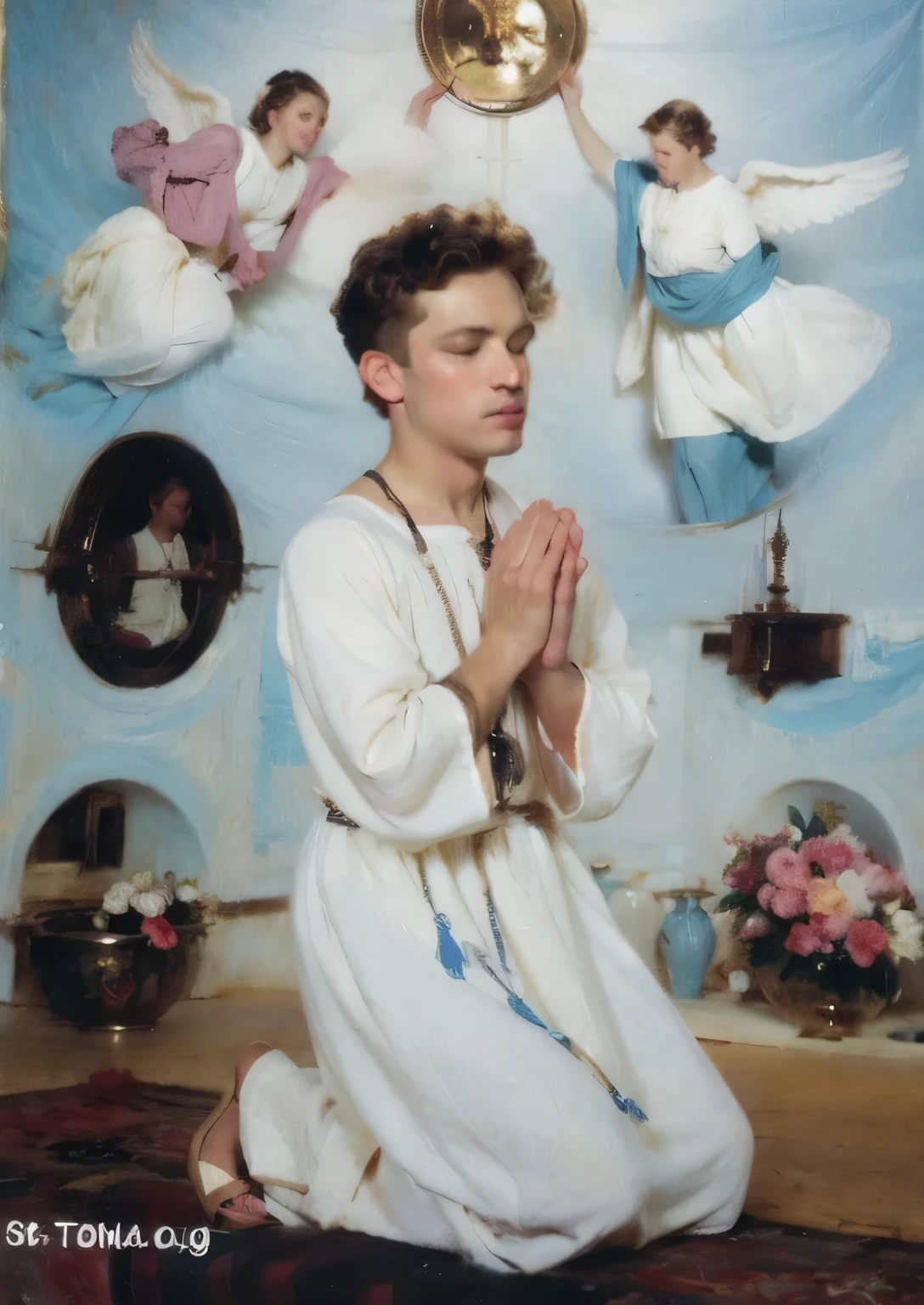 young boy kneeling in prayer with angels above him, christian saint rosace,wears white old roman clothes, ultra realistic , high resolution, stunning, realistic image