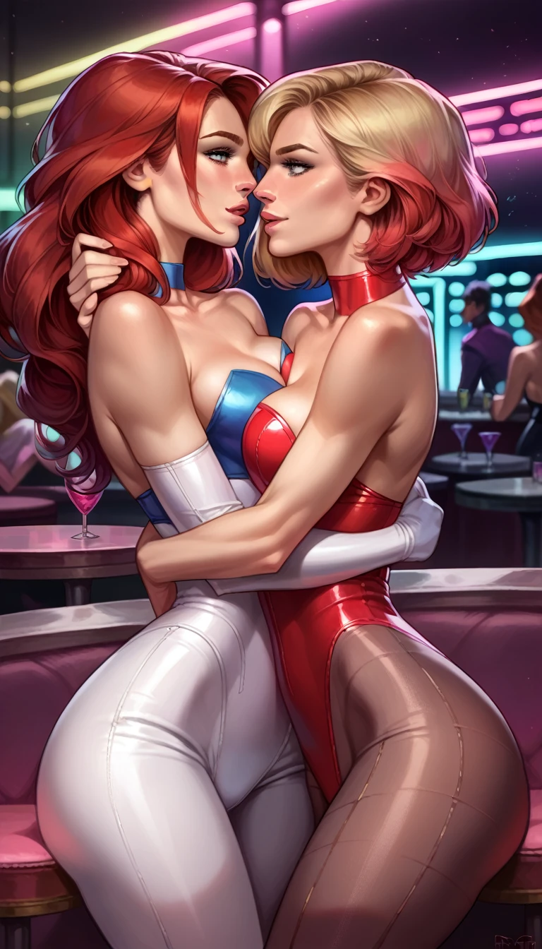 score_9, score_8_up, score_7_up, score_6_up, score_5_up, (high quality, detailed, beautiful), detailed soft lighting, 2girls, (short hair Gwen Stacy:1.0), (MJ Watson, long flowing hair, red hair:1.0), nightclub, neon lights, embracing, grinding, (open eyes), tight clothes, imminent kiss,