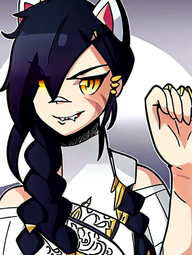 1 girl, Alone, wide, looking at the viewer, black fur, bandage on face, yellow eyes, animal ears, SMILE, bandage on nose, braid, cat ears, bandage, hits, old, fake animal ears, simple background, Open mouth, canine, , bare shoulders, SCAR, teeth, shirt, bare shoulders, white shirt, short sleeves, Closed mouth, t-shirt, hair over one eye, portrait, if, hair over the shoulder, Bermuda