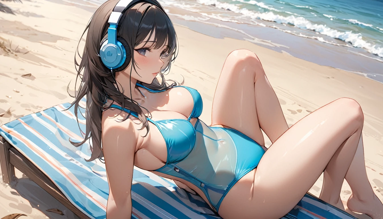 ((Top Quality)), ((Masterpiece)), ((Details)), perfect face, perfect body, sitting on the beach, listening to music, wearing headphones, wearing swimsuit, swimsuit transparent, tight with buttocks and breasts exposed Woman with clothes on and face visible
