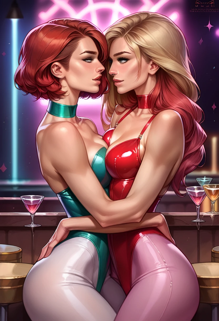 score_9, score_8_up, score_7_up, score_6_up, score_5_up, (high quality, detailed, beautiful), detailed soft lighting, 2girls, (short hair Gwen Stacy:1.0), (MJ Watson, long flowing hair, red hair:1.0), nightclub, neon lights, embracing, grinding, (open eyes), tight clothes, imminent kiss,