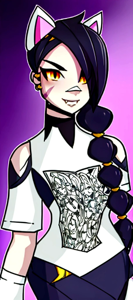 1 girl, Alone, wide, looking at the viewer, black fur, bandage on face, yellow eyes, animal ears, SMILE, bandage on nose, braid, cat ears, bandage, hits, old, fake animal ears, simple background, Open mouth, canine, , bare shoulders, SCAR, teeth, shirt, bare shoulders, white shirt, short sleeves, Closed mouth, t-shirt, hair over one eye, portrait, if, hair over the shoulder, Bermuda