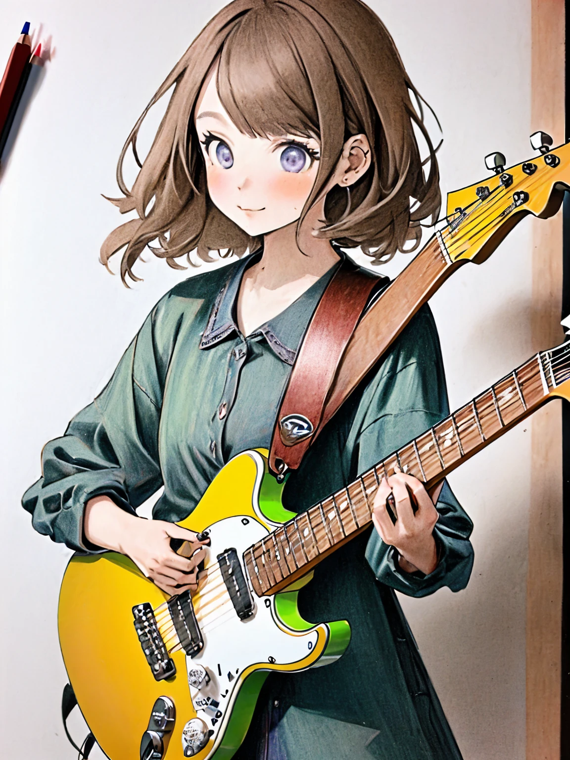 1girl,colored pencil, play guitar